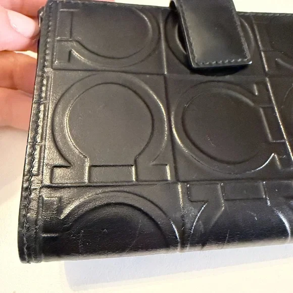 Salvatore Ferragamo Gancini Black Embossed Bifold Leather Wallet